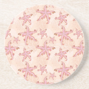 Starfish and Coral Pink Pastel Pattern Coaster