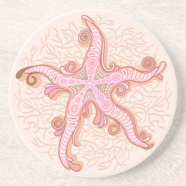 Starfish and Coral Pink Pastel Pattern Coaster (Front)
