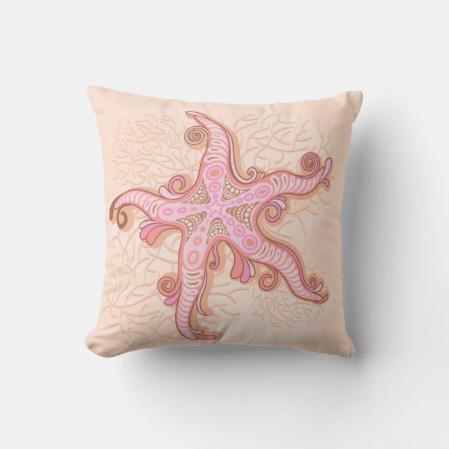 Starfish and Coral Pink Pastel Pattern Cushion (Front)
