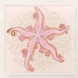 Starfish and Coral Pink Pastel Pattern Glass Coaster