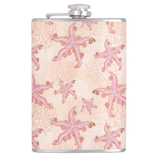 Starfish and Coral Pink Pastel Pattern Hip Flask (Front)