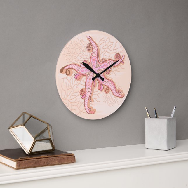 Starfish and Coral Pink Pastel Pattern Large Clock (Office)