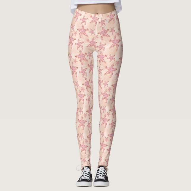 Starfish and Coral Pink Pastel Pattern Leggings (Front)