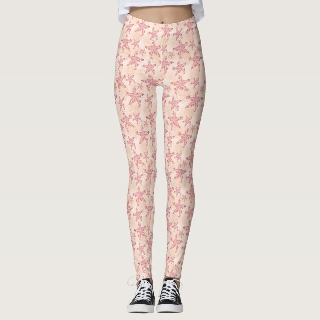 Starfish and Coral Pink Pastel Pattern Leggings (Front)