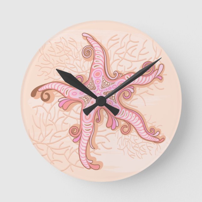 Starfish and Coral Pink Pastel Pattern Round Clock (Front)