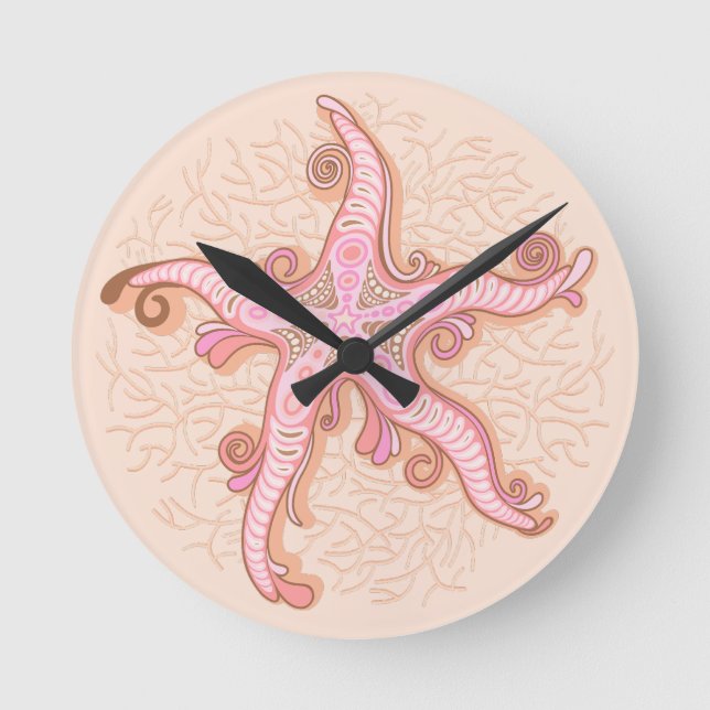 Starfish and Coral Pink Pastel Pattern Round Clock (Front)