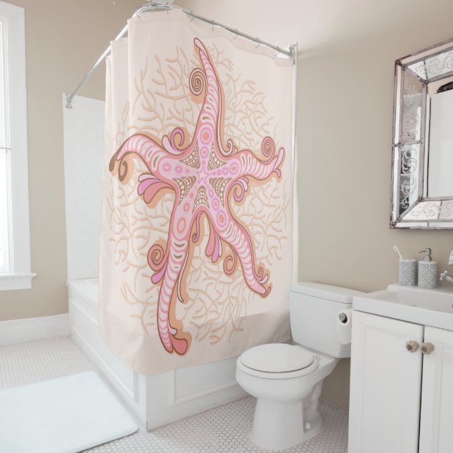 Starfish and Coral Pink Pastel Pattern Shower Curtain (In Situ)