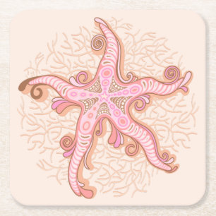 Starfish and Coral Pink Pastel Pattern Square Paper Coaster