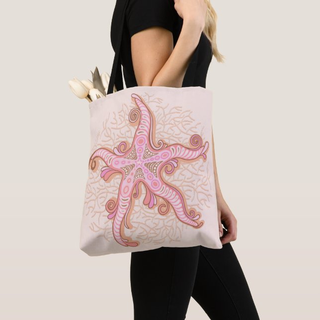 Starfish and Coral Pink Pastel Pattern Tote Bag (Close Up)