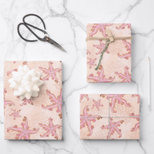 Starfish and Coral Pink Pastel Pattern Wrapping Paper Sheet