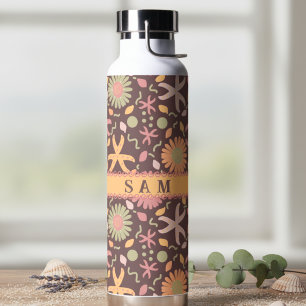 Starfish And Flowers On Chocolate Brown Water Bottle
