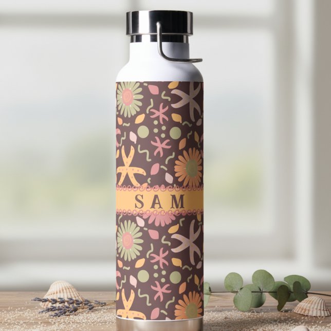 Starfish And Flowers On Chocolate Brown Water Bottle (Your bottle. Your name. Your aesthetic)