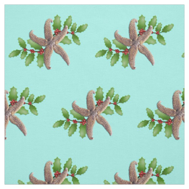 Starfish and Holly Pattern Beach Christmas Seafoam Fabric (Swatch)