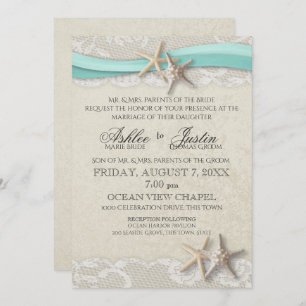 Starfish and Lace Beach Aqua Wedding Invitation