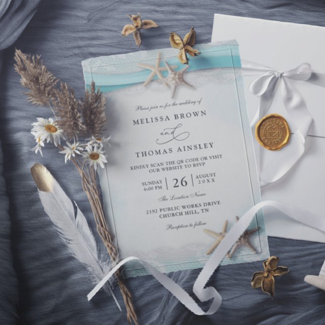 Starfish and Lace Beach Ocean Blue QR Code Wedding Invitation (Creator Uploaded)