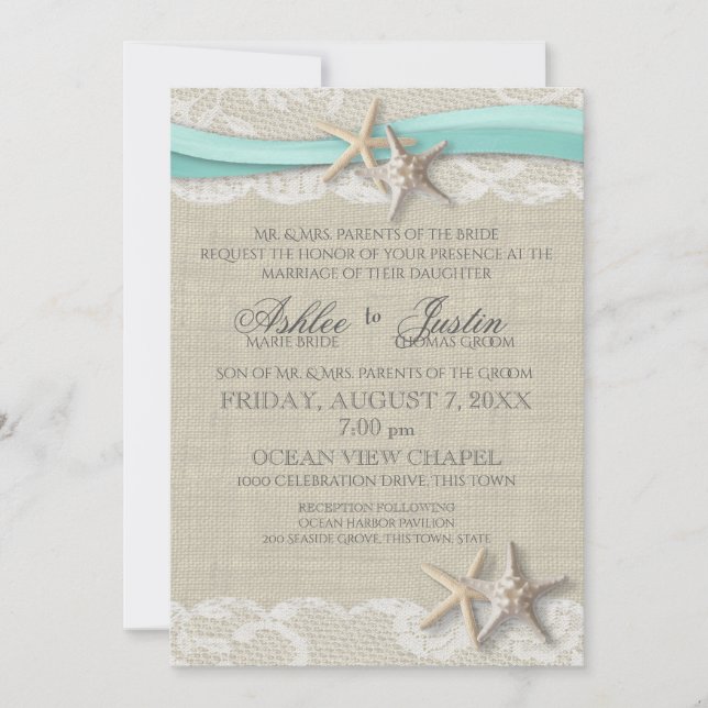 Starfish and Lace Rustic Beach Aqua Wedding Invitation (Front)