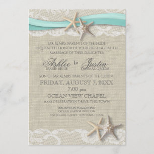 Starfish and Lace Rustic Beach Aqua Wedding Invitation