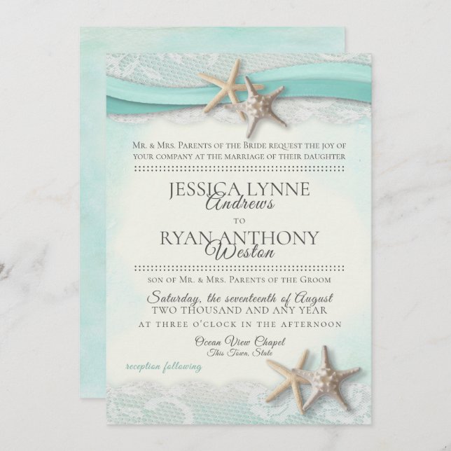 Starfish and Lace Vintage Beach Wedding Invitation (Front/Back)
