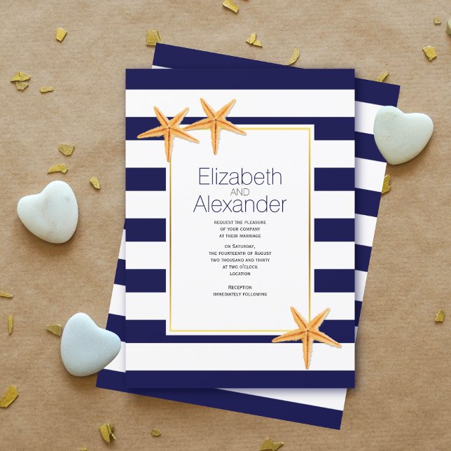 Starfish and navy blue white stripes beach wedding invitation (Creator Uploaded)