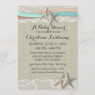 Starfish and Ribbon Aqua Peach Baby Shower Invitation