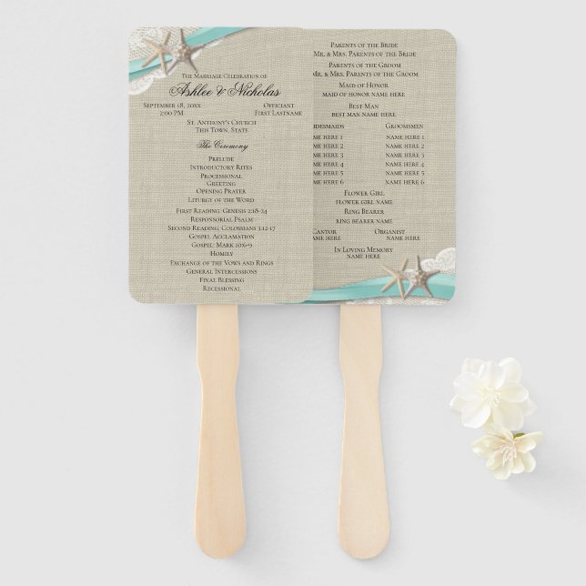 Starfish and Ribbon Aqua Wedding Program Fan (Front and Back)