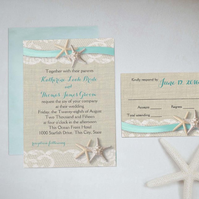 Starfish and Ribbon Beach Aqua Invitation (Creator Uploaded)