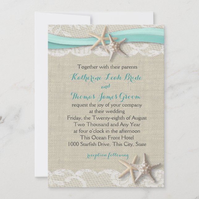 Starfish and Ribbon Beach Aqua Invitation (Front)