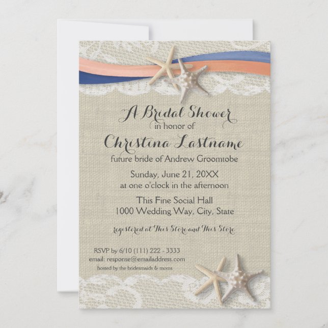 Starfish and Ribbon Blue Coral Bridal Shower Invitation (Front)