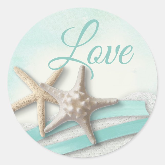 Starfish and Ribbon Turquoise Love Classic Round Sticker (Front)