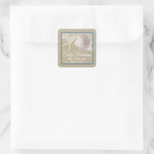 Starfish and Sand Dollar Burlap Beach Bat Mitzvah Square Sticker