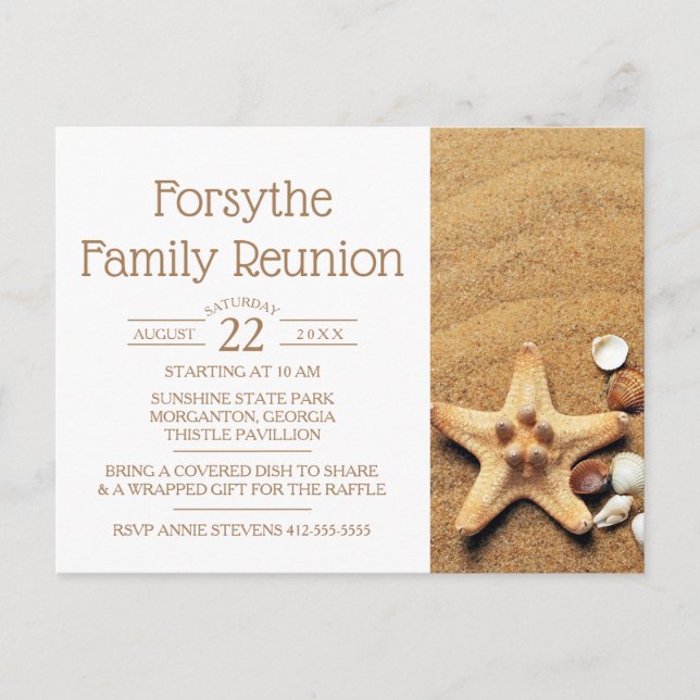 Starfish And Seashells Beach Family Reunion Invitation Postcard (Front)