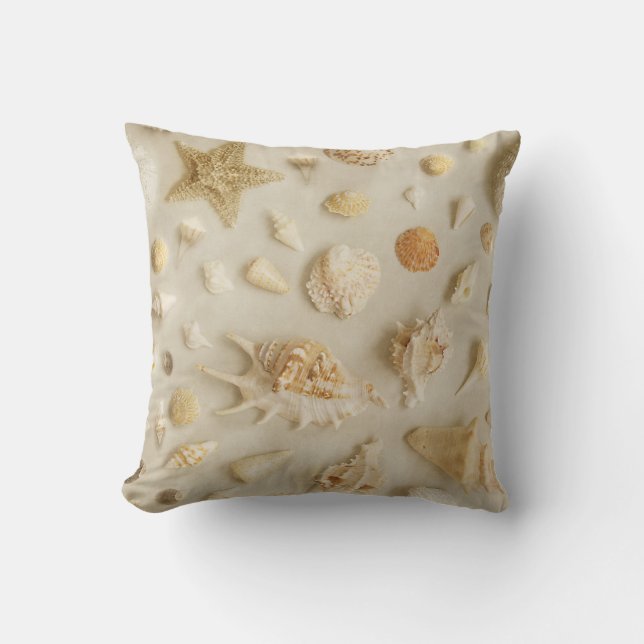 Starfish and Seashells Coastal Beach Photo Beige Cushion (Front)