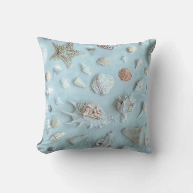 Starfish and Seashells Coastal Beach Photo Blue Cushion (Front)