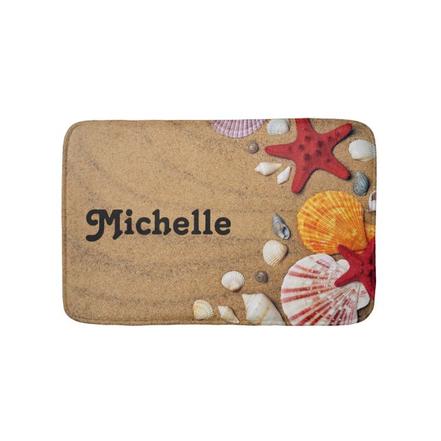 Starfish and seashells on brown beach sand bath mat (Front)