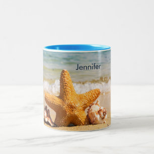 Starfish and Seashells on the Beach Personalised Two-Tone Coffee Mug