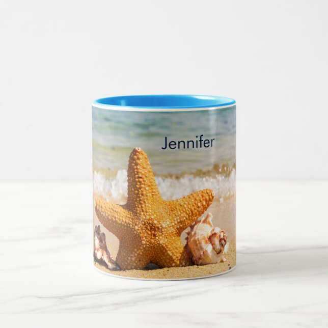 Starfish and Seashells on the Beach Personalised Two-Tone Coffee Mug (Center)
