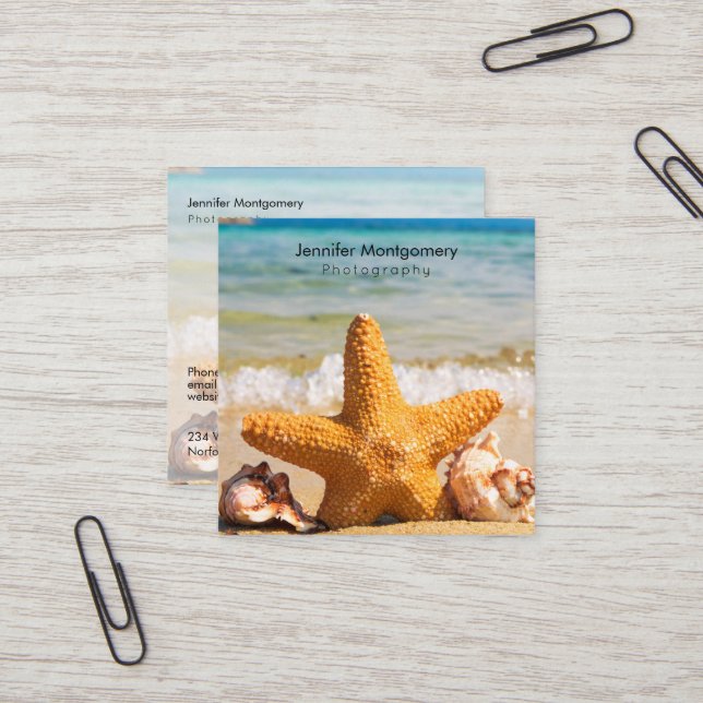 Starfish and Seashells on the Beach Square Business Card (Front/Back In Situ)