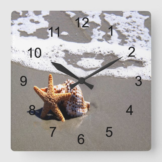Starfish And Shell Square Wall Clock (Front)