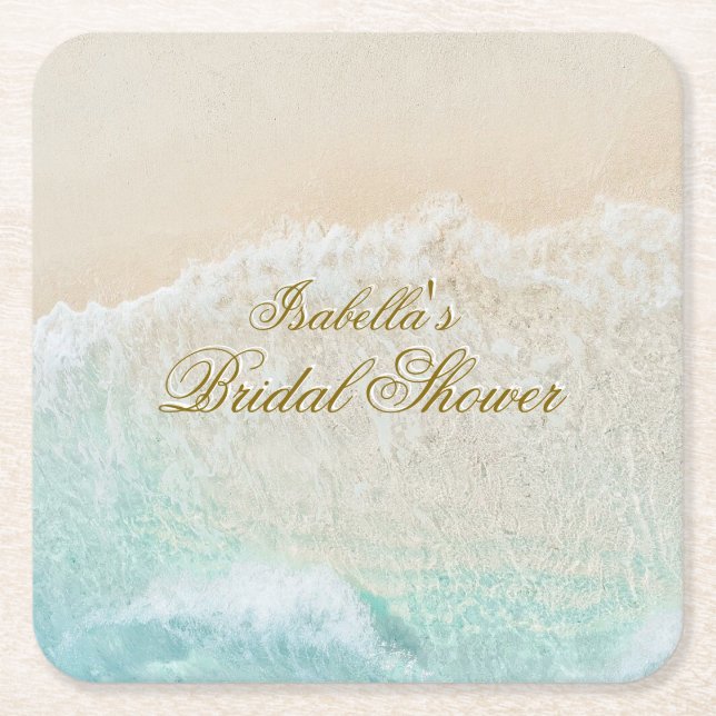 Starfish and Shells Tropical Beach Bridal Shower Square Paper Coaster (Front)