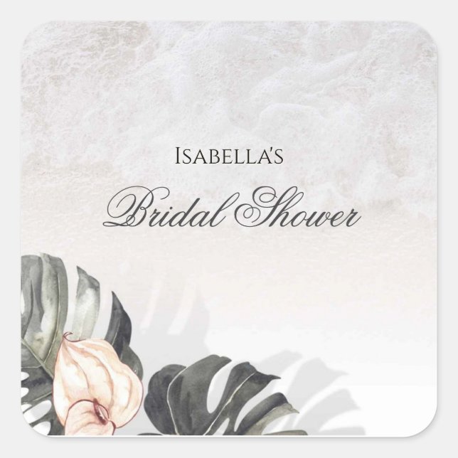 Starfish and Shells Tropical Beach Bridal Shower Square Sticker (Front)