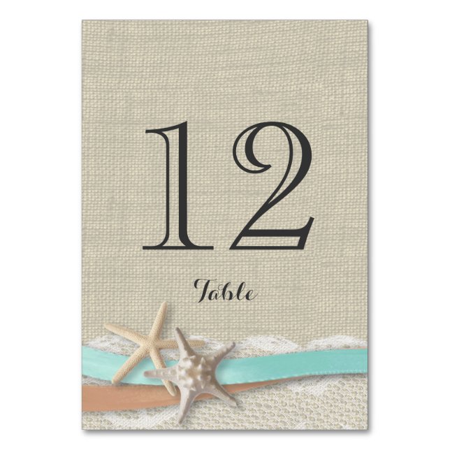 Starfish Aqua and Peach Ribbon Table Number Card (Front)