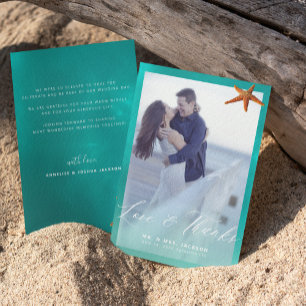 Starfish aqua blue beach wedding photo thank you card