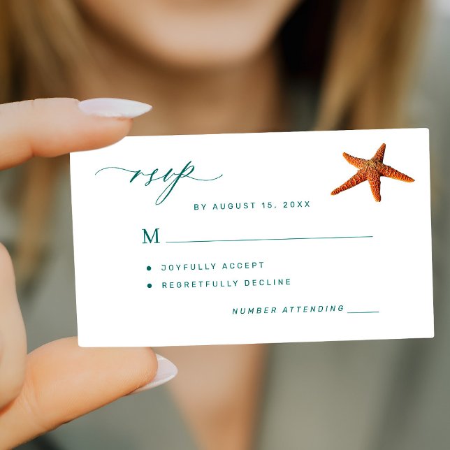 Starfish aqua teal script destination wedding RSVP Card (Creator Uploaded)