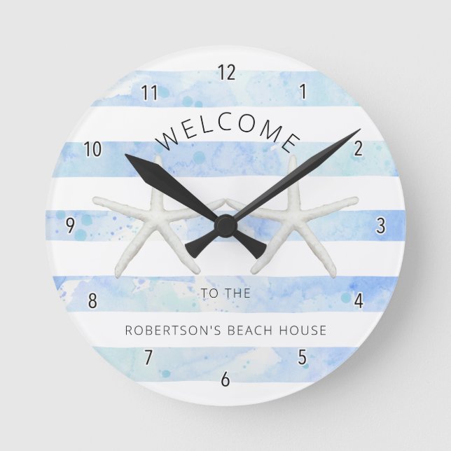 Starfish Beach Blue and White Modern Simple Stripe Round Clock (Front)