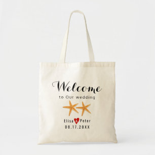 Starfish beach destination wedding script welcome tote bag