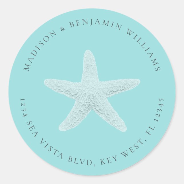 Starfish Beach Family Return Address Blue Classic  Round Sticker (Front)