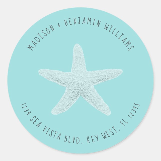 Starfish Beach Family Return Address Blue Classic Round Sticker (Front)