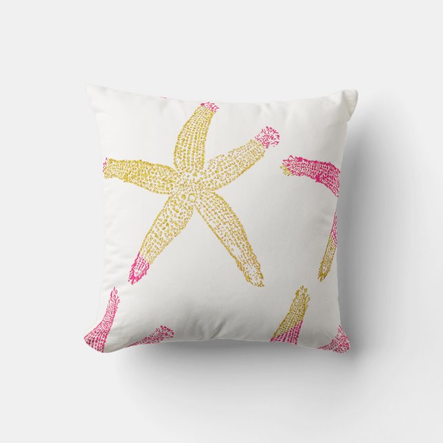 Starfish Beach Hot Pink Glittery Gold White Cute Cushion (Front)