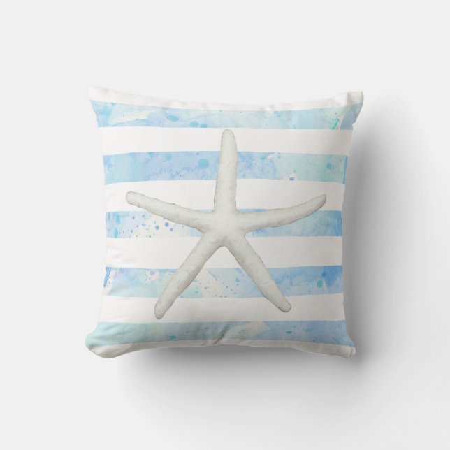 Starfish Beach Modern Simple Stripe Blue and White Cushion (Front)