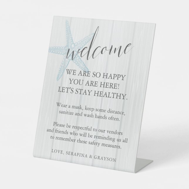 Starfish Beach Rustic Wedding Mask Safety Pedestal Sign (Front)